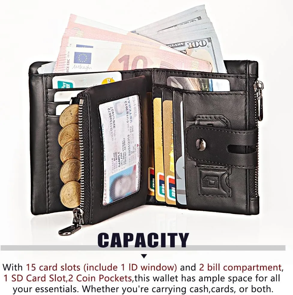 Anti-Theft Mens Wallet with Chain Genuine Leather ID Window Purse with RFID Blocking Bifold Double Zipper Coin Pocket