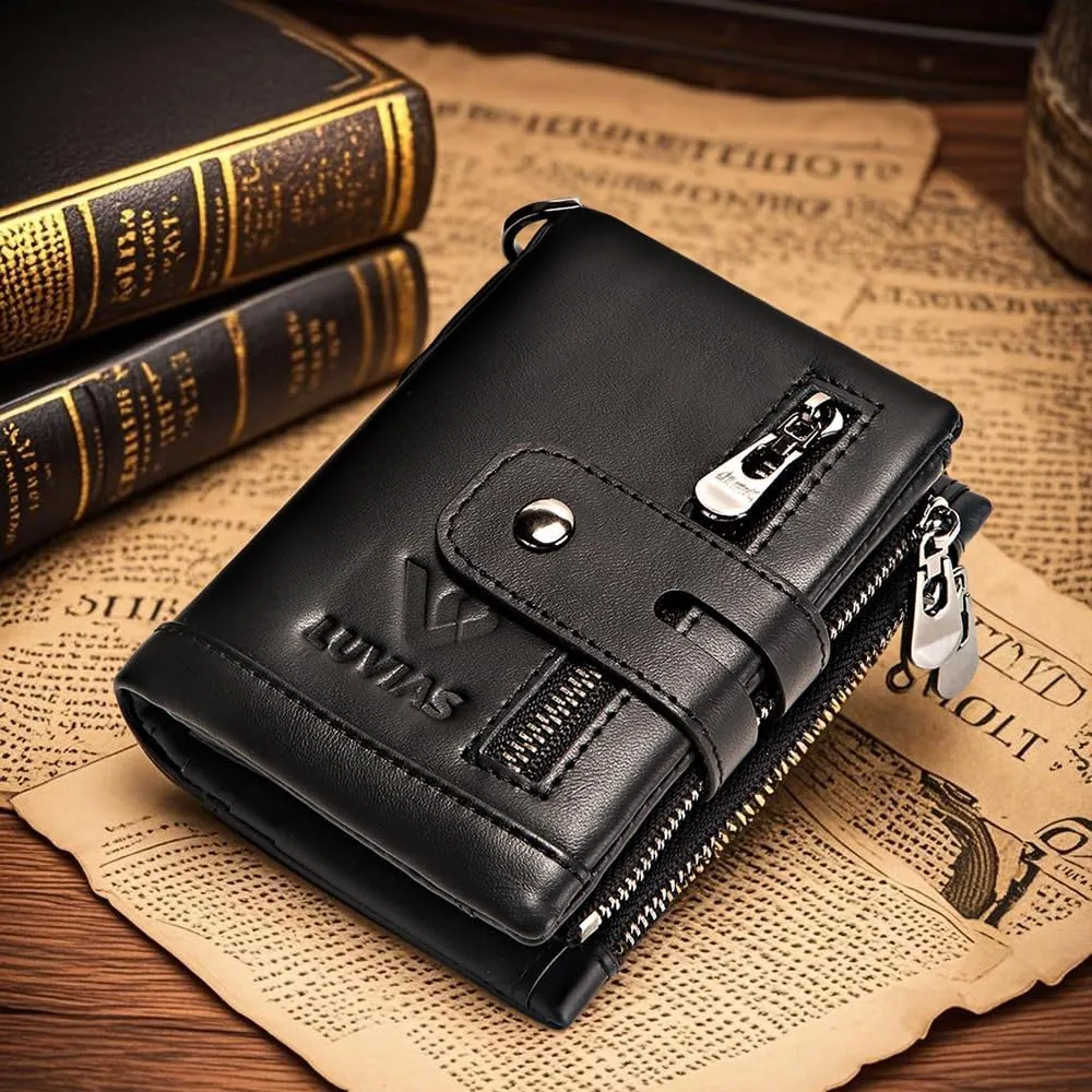Anti-Theft Mens Wallet with Chain Genuine Leather ID Window Purse with RFID Blocking Bifold Double Zipper Coin Pocket