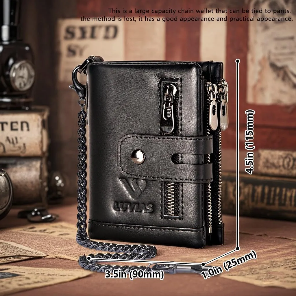 Anti-Theft Mens Wallet with Chain Genuine Leather ID Window Purse with RFID Blocking Bifold Double Zipper Coin Pocket