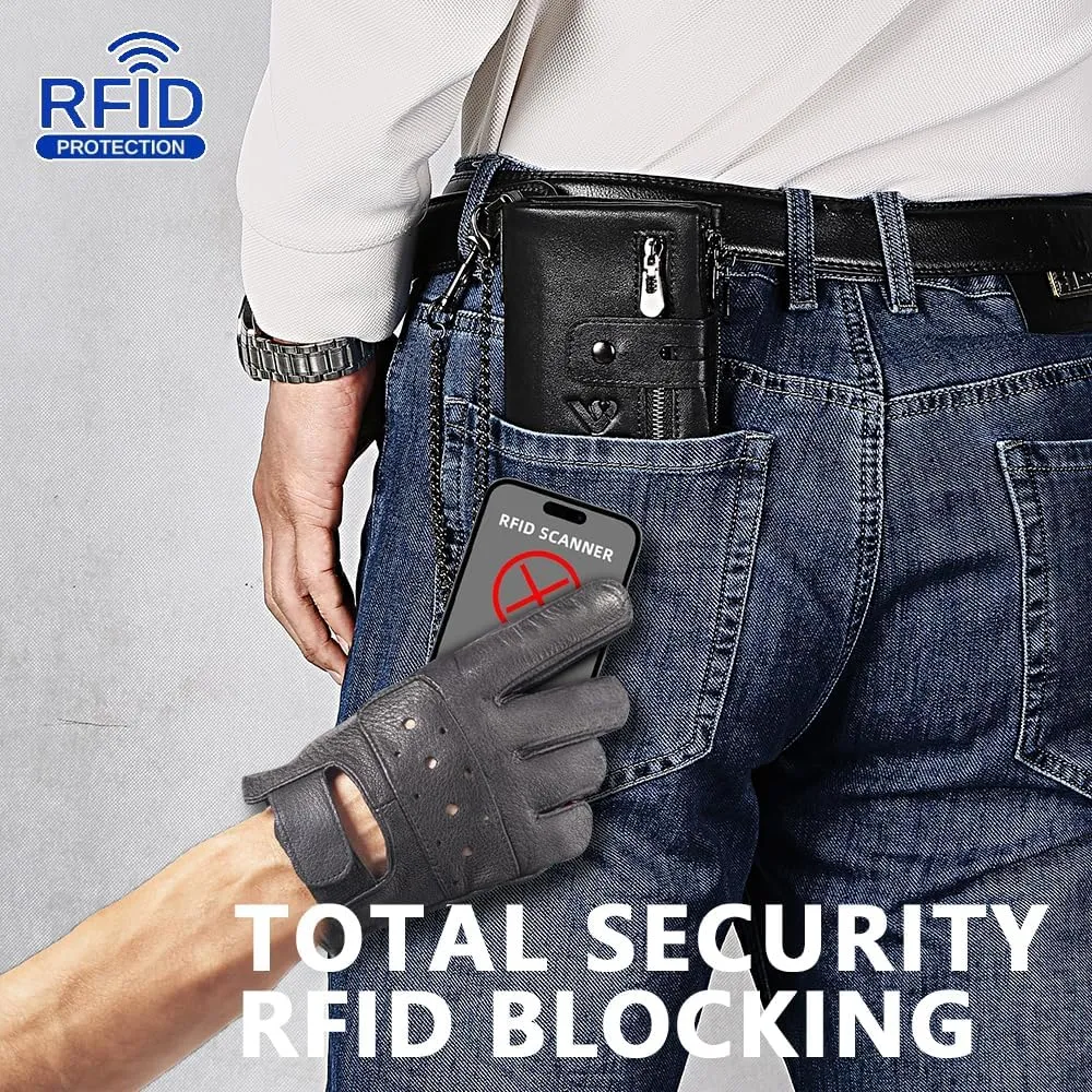 Anti-Theft Mens Wallet with Chain Genuine Leather ID Window Purse with RFID Blocking Bifold Double Zipper Coin Pocket