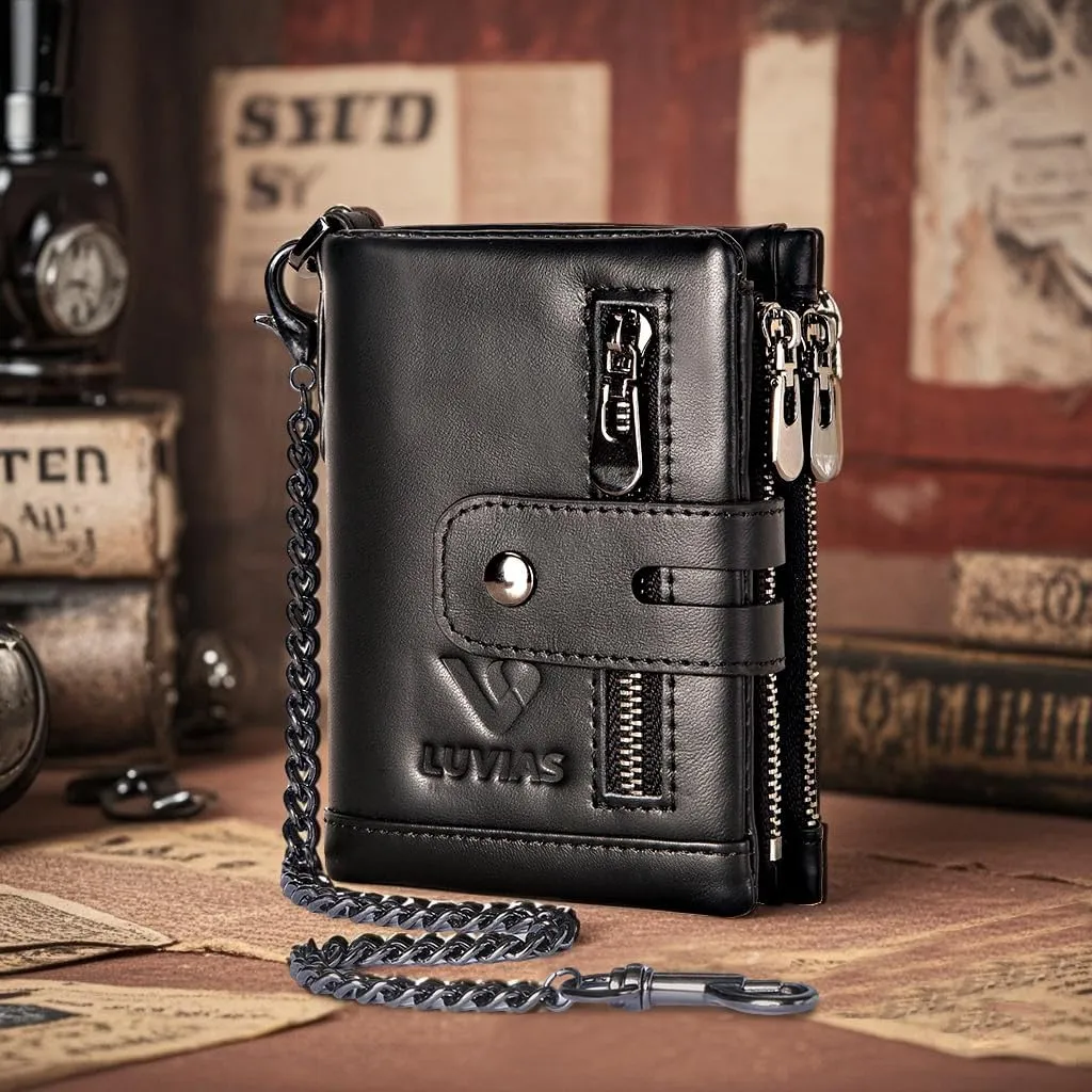 Anti-Theft Mens Wallet with Chain Genuine Leather ID Window Purse with RFID Blocking Bifold Double Zipper Coin Pocket