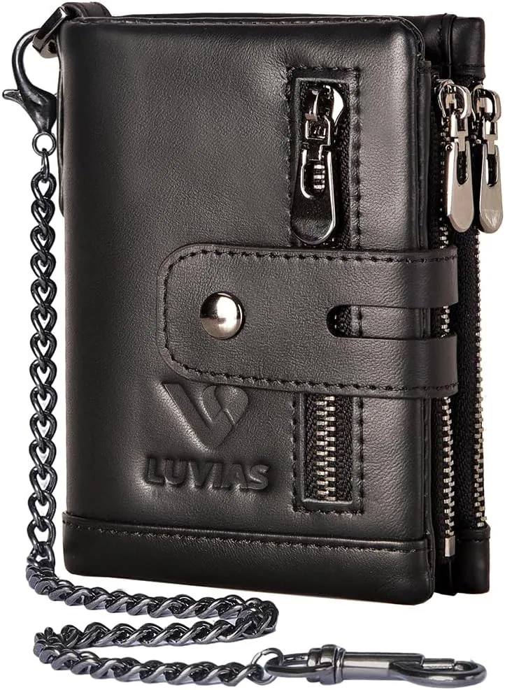 Anti-Theft Mens Wallet with Chain Genuine Leather ID Window Purse with RFID Blocking Bifold Double Zipper Coin Pocket