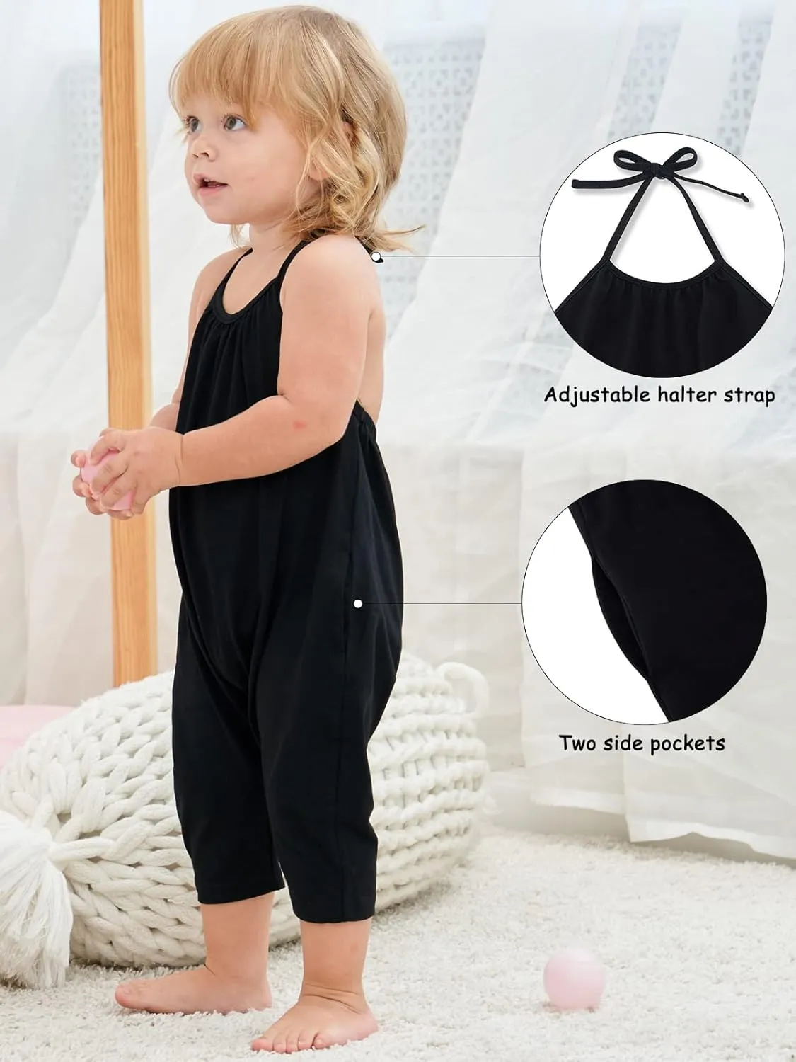 Backless Strap Slouch Jumpsuit for Toddler Girls Cute Harem Halter Romper Pants with Pockets