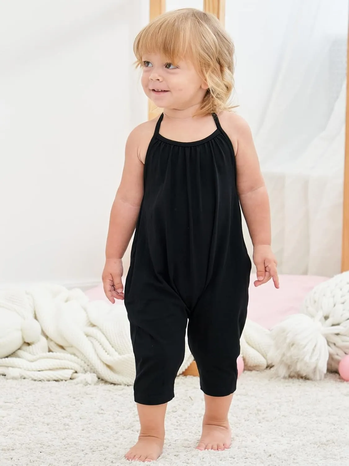 Backless Strap Slouch Jumpsuit for Toddler Girls Cute Harem Halter Romper Pants with Pockets
