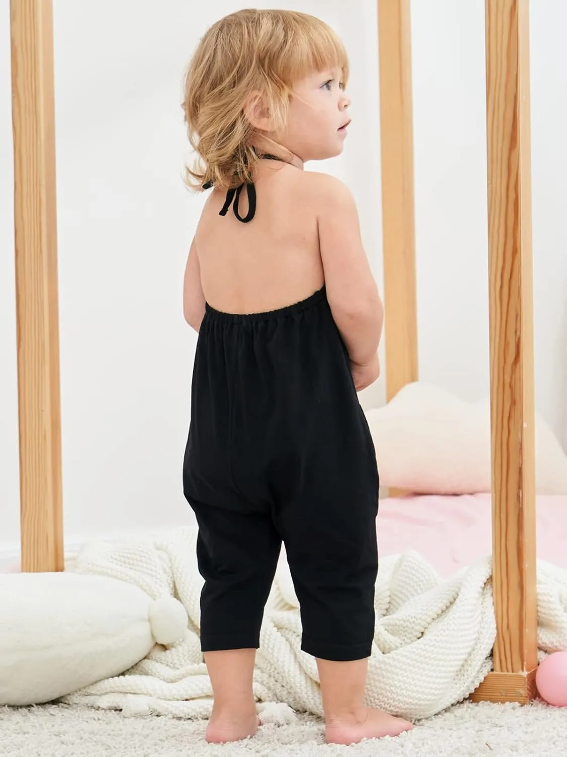 Backless Strap Slouch Jumpsuit for Toddler Girls Cute Harem Halter Romper Pants with Pockets