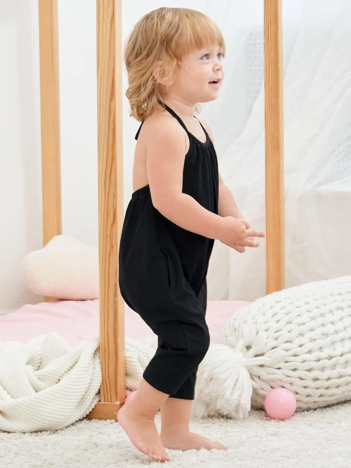 Backless Strap Slouch Jumpsuit for Toddler Girls Cute Harem Halter Romper Pants with Pockets
