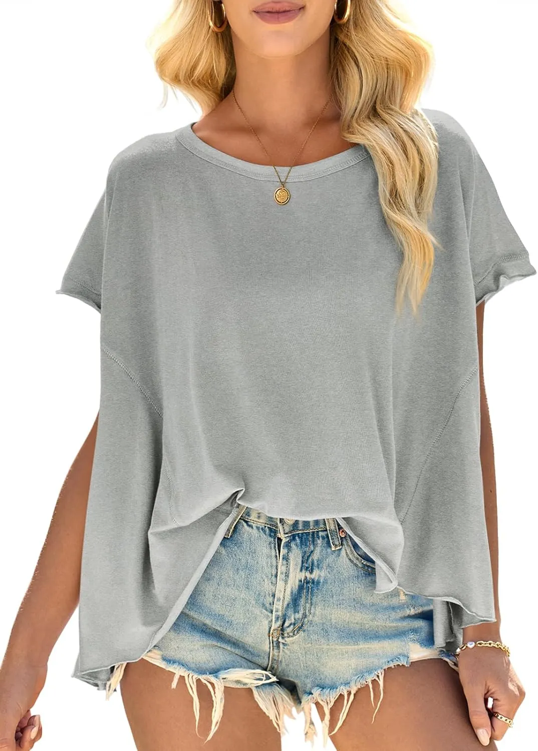 Cicy Bell Women Oversized Batwing Short Sleeve Tops Summer Irregular Hem Casual T Shirts Loose Fit Tees