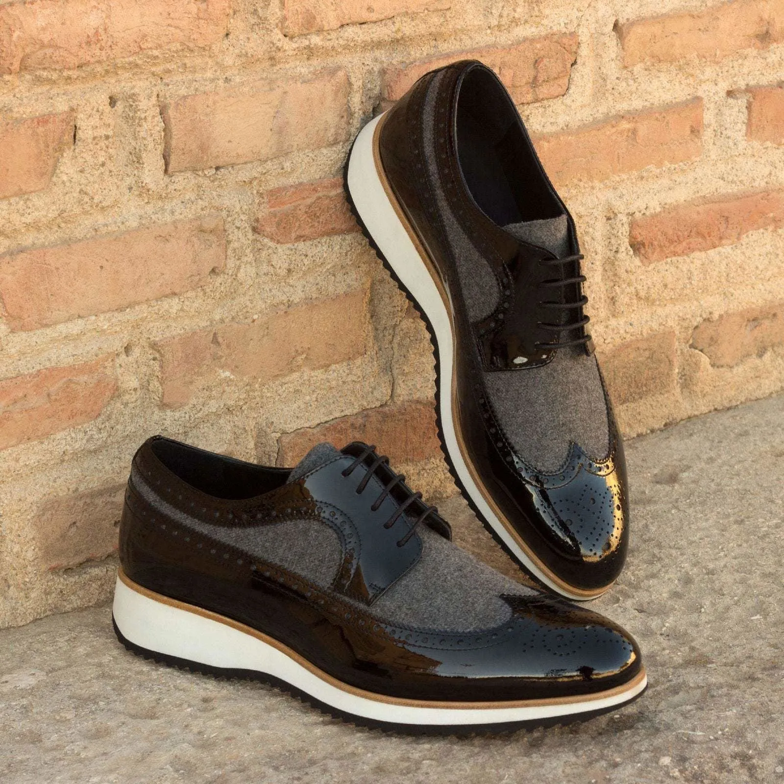 Longwing Blucher-Patent, Flannel, Black, Grey-Wholesale