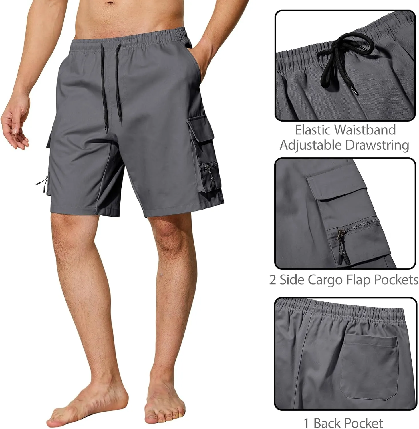 Men's Casual Cargo Shorts Drawstring Elastic Waist Summer Classic Outdoor Stretch Work Shorts with 5 Pockets