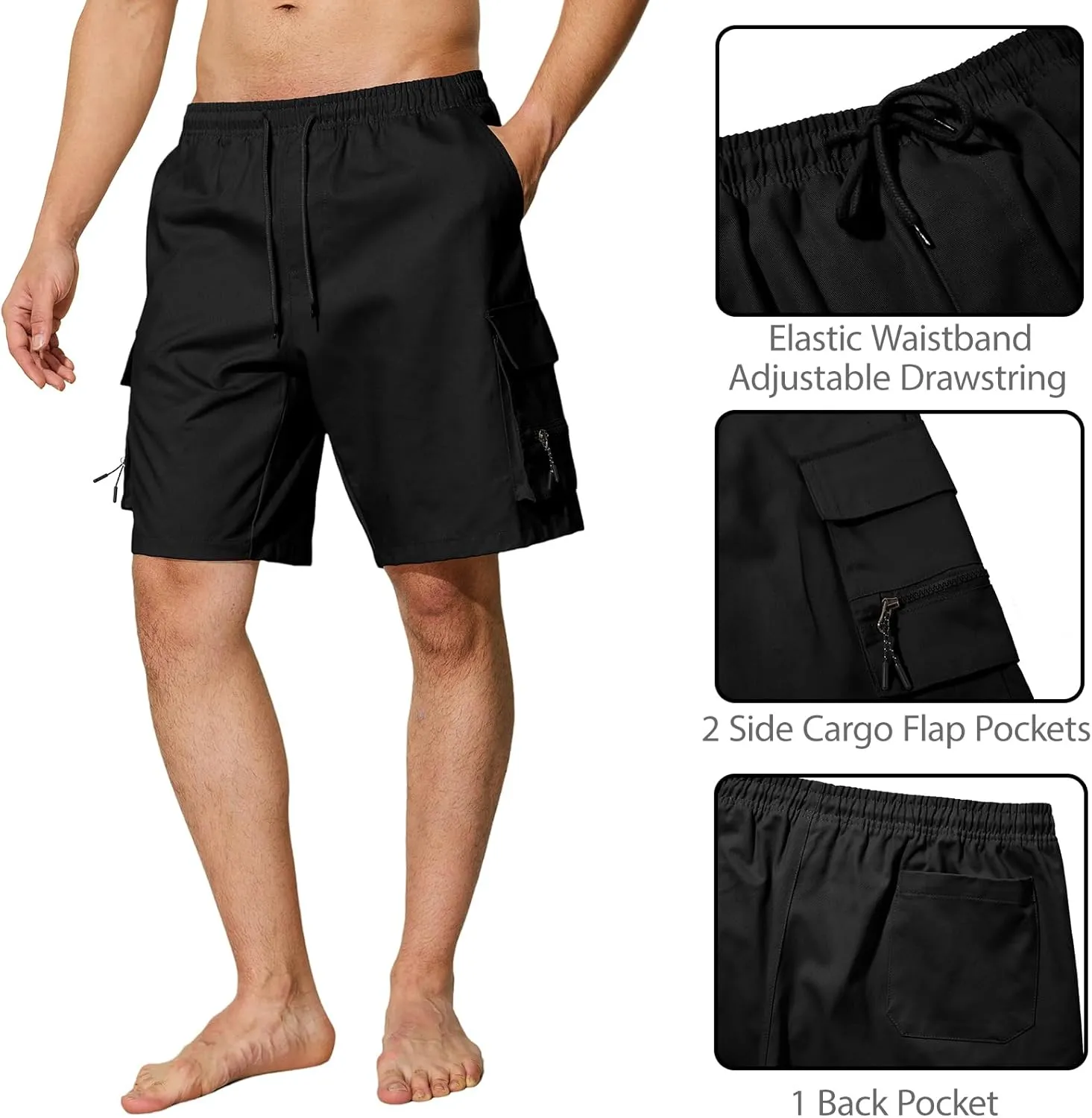 Men's Casual Cargo Shorts Drawstring Elastic Waist Summer Classic Outdoor Stretch Work Shorts with 5 Pockets