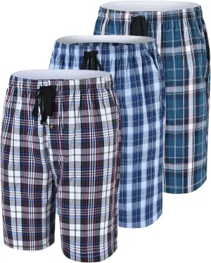 MoFiz Men's Plaid Pajama Shorts 3-Pack Cotton Sleep Lounge Shorts Lightweight Soft Summer Nightwear with Pockets Button Fly