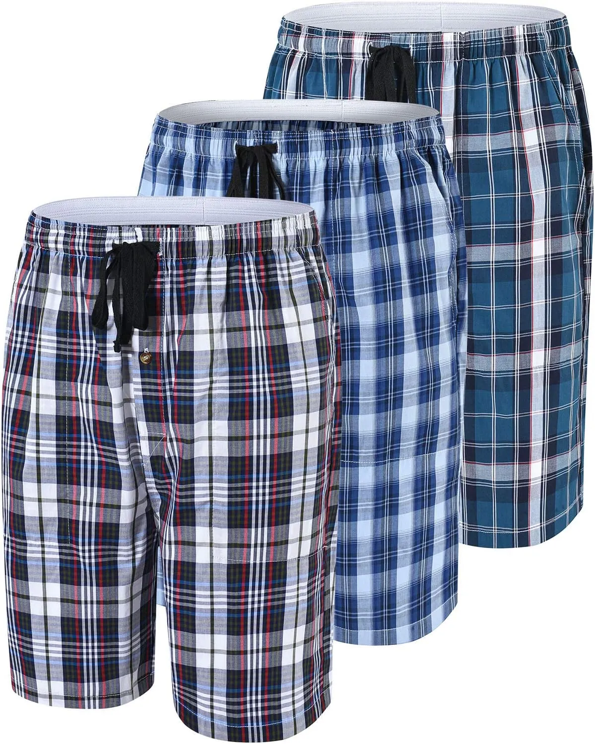 MoFiz Men's Plaid Pajama Shorts 3-Pack Cotton Sleep Lounge Shorts Lightweight Soft Summer Nightwear with Pockets Button Fly