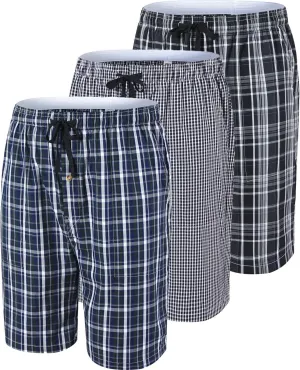 MoFiz Men's Plaid Pajama Shorts 3-Pack Cotton Sleep Lounge Shorts Lightweight Soft Summer Nightwear with Pockets Button Fly