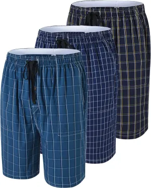 MoFiz Men's Plaid Pajama Shorts 3-Pack Cotton Sleep Lounge Shorts Lightweight Soft Summer Nightwear with Pockets Button Fly