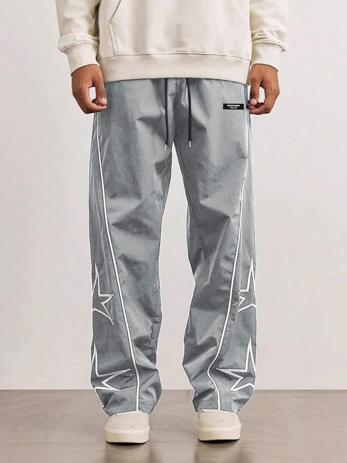 ZAFUL Men's Side Star Casual Pants Y2K Lightweight Sweatpants Drawstring Dance Pants Baggy Fashion Straight Leg Pants