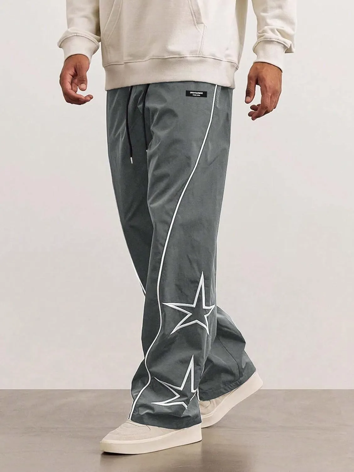 ZAFUL Men's Side Star Casual Pants Y2K Lightweight Sweatpants Drawstring Dance Pants Baggy Fashion Straight Leg Pants