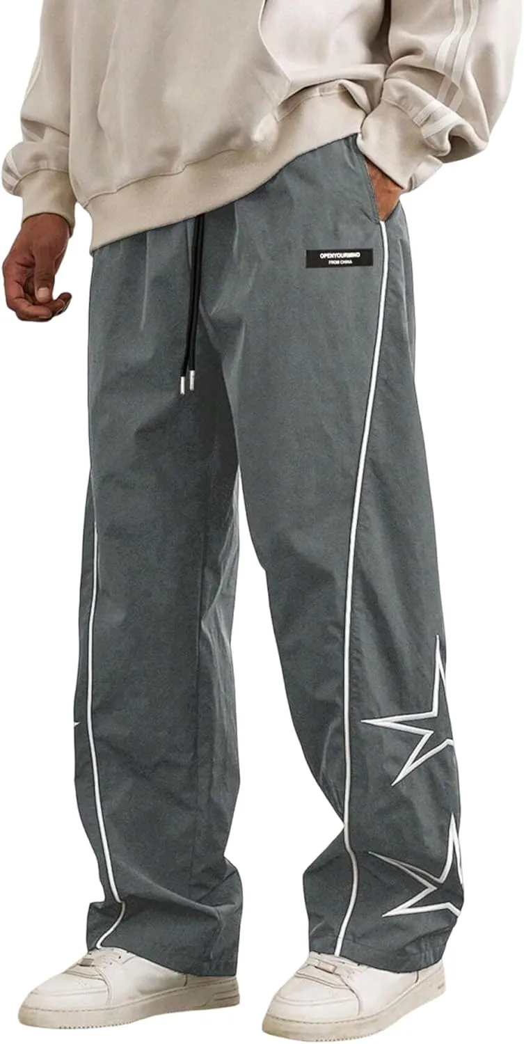 ZAFUL Men's Side Star Casual Pants Y2K Lightweight Sweatpants Drawstring Dance Pants Baggy Fashion Straight Leg Pants