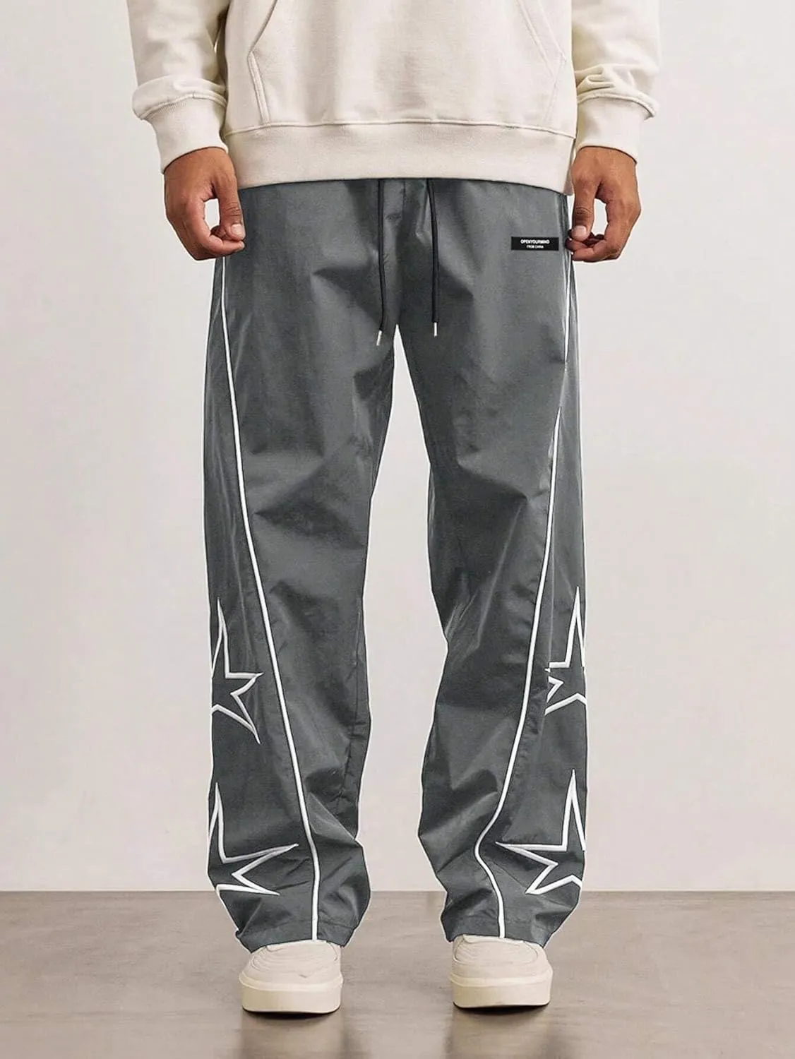 ZAFUL Men's Side Star Casual Pants Y2K Lightweight Sweatpants Drawstring Dance Pants Baggy Fashion Straight Leg Pants